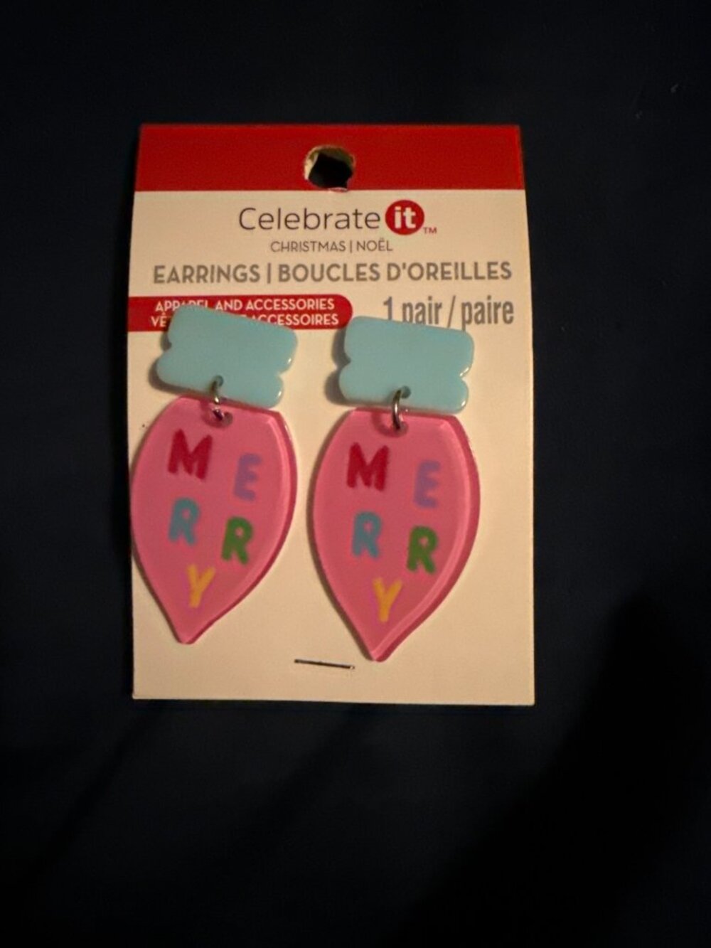 Celebrate It Christmas Earrings - Pink "Merry" Ornaments - Nickel Free - 1 Pair